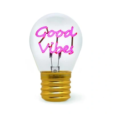 Abbildung von LEGAMI Glühbirnenförmige Tischlampe, wiederaufladbar mit USB Kabel, kabellos, Glühbirnen Fiktion, Good Vibes Thema, 6,8 x 10,3 cm