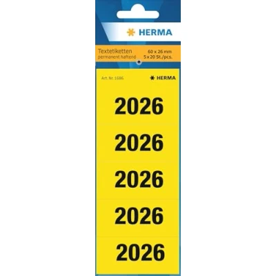 Abbildung von HERMA 1686 Jahreszahlen Aufkleber 2026 für Ordner, 100 Stück, 60 x 26 mm, 5 pro Bogen, selbstklebend, blickdichte Textetiketten, matt, Papier Klebeetiketten Aufkleber, gelb
