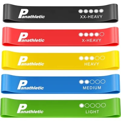 Abbildung von Panathletic Fitnessbänder, 5er Set 5 Verschiedene Stärken, Übungsanleitung, eBook auf Deutsch, Tragebeutel 5X Fitnessband, Gymnastikband, Widerstandsband