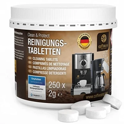 Abbildung von Coffeeano 250 Reinigungstabletten für Kaffeevollautomaten und Kaffeemaschinen. Reinigungstabs Delonghi, Siemens, EQ Series, Jura, Krups, Bosch, Miele, Melitta, WMF uvm.