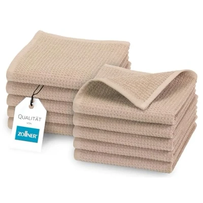 Abbildung von ZOLLNER 10er Set Seiftücher in 30x30 cm langlebige Handtücher beige mit praktischem Aufhänger Zeitloses Waffelmuster waschbar bis 95C Baumwolle Hotelqualität