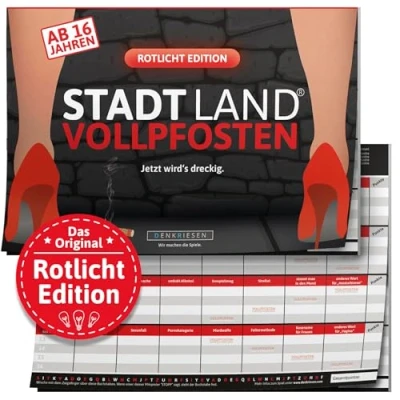 Abbildung von DENKRIESEN Stadt Land VOLLPFOSTEN® ROTLICHT Edition AB 16 Jahren Partyspiel Wichtelgeschenk Fluss Spielblock Scherzartikel Geschenkidee