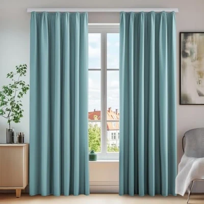 Abbildung von Deconovo Blickdichter Thermovorhang Gardinen mit Kräuselband Lärmschutz Wohnzimmer, 220x140 cm(HöhexBreite), Himmelblau, 2er Set