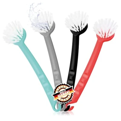 Abbildung von com four® 4X Spülbürste Küchenbürste zum Abwaschen Geschirrbürste für Reinigung Abwaschbürste mit Nylonborsten Pfannenbürste aus Kunststoff ca. 26 cm (4 Stück rot/türkis/grau/schwarz)