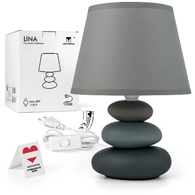 Abbildung von Urban Lifestyle Nachttischlampe Lina Tischleuchte Keramik Tischlampe mit Stoffschirm, LED geeignet, E14, 230V Tischlampe, Nachttischleuchte (Hellgrau Matt)