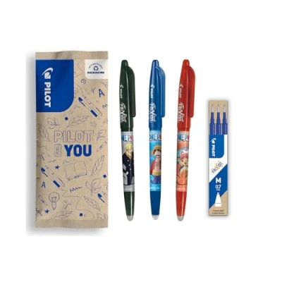 Abbildung von PILOT x One Piece 3er Set Frixion Ball, Schwarz, Blau, Rot + 1 mit 3 blauen Minen 4 Sticker Radierbare Stifte Limitierte Auflage Wiederbefüllbare Rollerball Mittlere Spitze