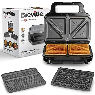Abbildung von Breville 3 in 1 Ultimativer Sandwichmaker Extra tiefe Platten für Sandwiches, Waffeln &amp; Paninis Herausnehmbare mit Antihaftbeschichtung Schwarz Edelstahl [VST098X] EU Stecker