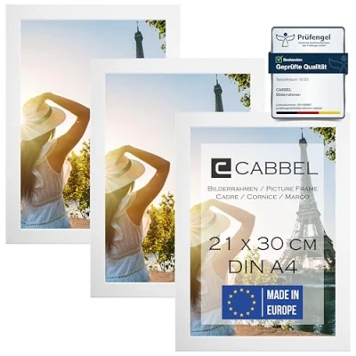 Abbildung von CABBEL 3er Set Bilderrahmen DIN A4 21x30 MDF Holz Rahmen mit bruchsicherem Acrylglas, ideal für Collagen, Portraits &amp; Urkunden in Weiß