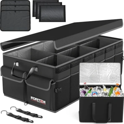Abbildung von FORTEM Kofferraum Organizer, Kofferraumtasche, Zusammenklappbarer Auto mit Fächern, Rutschfester Boden, Verstellbare Sicherungsriemen, Klappbarer Deckel (Schwarz, Größe XL Kühler)