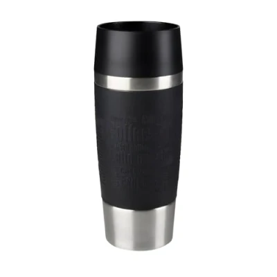 Abbildung von Emsa 513361 Travel Mug Classic Thermo /Isolierbecher, Fassungsvermögen: 360 ml, hält 4h heiß/ 8h kalt, 100% dicht, auslaufsicher, Quick Press Verschluss, Trinköffnung, schwarz