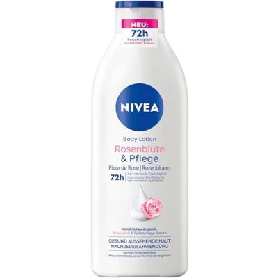 Abbildung von NIVEA Body Lotion Rosenblüte &amp; Pflege, Körpercreme mit Tiefenpflege Serum für 72h Feuchtigkeit, Körperlotion Arganöl natürlichen Ursprungs (400 ml)