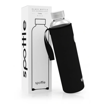 Abbildung von spottle Trinkflasche aus Glas 1l Glasflasche 500ml 750ml 1 liter mit Neoprenhülle Schutzhülle Glastrinkflasche Schraubverschluss (Schwarz, 750 ml)