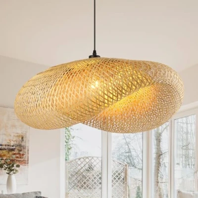 Abbildung von Retro Rattan Pendelleuchte Esstisch, 80 Cm Lampenschirm HäNgelampe, Handgewebter Hut Holz, KreativitäT Boho Lampe, FüR Restaurant, Teestube, Schlafzimmer, Wohnzimmer, Café, E27