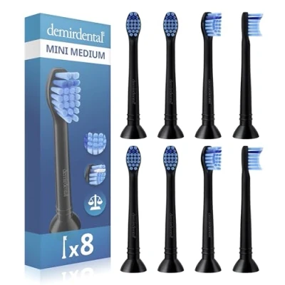 Abbildung von 8er demirdental Mini Aufsätze passend für Philips Sonicare Ersatzbürsten, Medium, kleine Bürstenköpfe präzise Reinigung, Schwarz, entspricht HX6028b