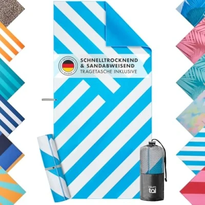 Abbildung von Blumtal Strandhandtuch 90x180 cm Mikrofaser kompaktes und schnelltrocknendes Handtuch Strandtuch XXL Stranddecke sandfrei+Band Badetücher Badehandtuch sandabweisend Türkis Zigzag