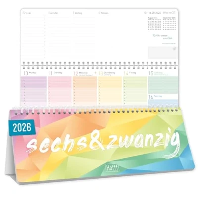 Abbildung von Häfft® Wochen Tischkalender 2026 quer mit Aufsteller &quot;Rainbow&quot; 1 Woche 2 Seiten, Schreibtisch Kalender Sprüchen, Wochenkalender 29,7 x 11,6 cm nachhaltig &amp; klimafreundlich