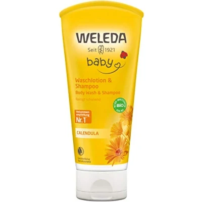 Abbildung von WELEDA Bio Calendula Baby Waschlotion &amp; Shampoo veganes Naturkosmetik Duschgel zur Hautpflege / Haarpflege bei Neugeborenen. Babypflege Dusche für empfindliche Haut, mild zu den Augen (1x 200ml)
