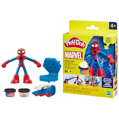 Abbildung von Play Doh Spiderman Thwip Squisher, 2 Dosen Knetmasse, 10 cm große Actionfigur und Stempelformen, Superhelden Figur mit Abzeichen, kreatives Kinder ab 3 Jahren