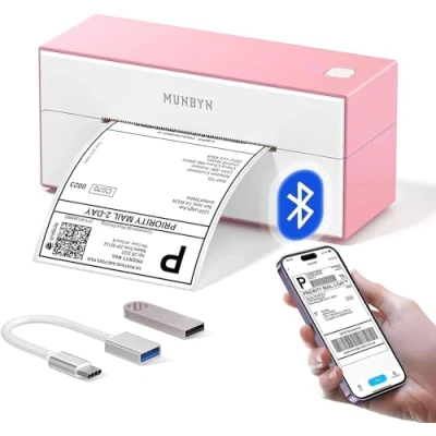 Abbildung von MUNBYN Bluetooth Etikettendrucker Label Drucker 4x6 Thermodrucker DHL UPS Versandetiketten Thermal Printer ettiketiergerät für Versandpakete Kompatibel mit Ebay Amazon Etsy Wish Rosa