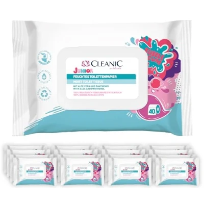 Abbildung von Cleanic Junior Feuchtes Toilettenpapier Kinder spülbar Kombination aus Feuchtpapier und Feuchttuch reinigt den Intimbereich Kaugummiduft Aloe Vera, Panthenol 640 Stk. 16x40 Stk