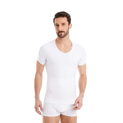 Abbildung von FINN Figurformendes Kompressions Shirt Herren mit Bauchweg Effekt Kurzarm Shapewear Unterhemd aus Baumwolle Body Shaper für einen flacheren Bauch Weiß Weiss 4XL