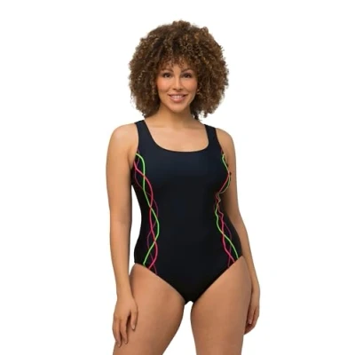 Abbildung von Ulla Popken Damen Badeanzug, Pipings, Unterbrustband, Vorderfutter, Marine, 44 EU
