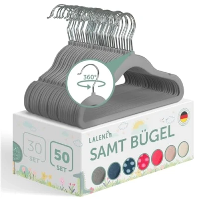 Abbildung von Laleni Kinderkleiderbügel 50 Stück mit Samtbezug platzsparende Kleiderbügel Kinder 360 drehbare rutschfeste samt Grau Baby Bügel Kinderbügel