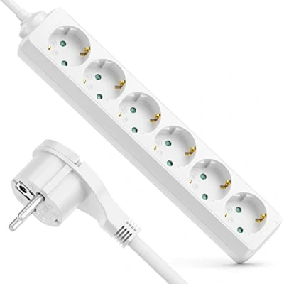 Abbildung von deleyCON 6 Fach Steckdosenleiste mit Flachstecker Stromleiste für Innenbereich 5m Kabel Flachkontakt Stecker Robustes Kunststoffgehäuse Weiß