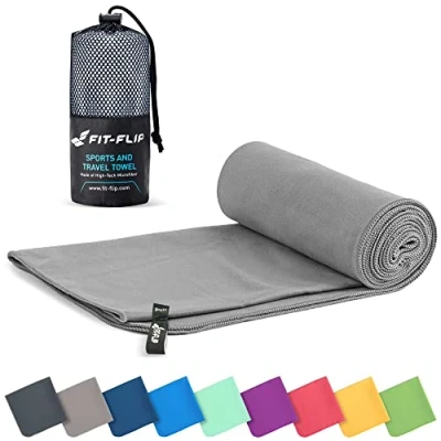 Abbildung von Fit Flip Mikrofaser Handtuch kompakte Microfaser Handtücher ideal als Sporthandtuch, Reisehandtuch, Strandtuch schnelltrocknend und leicht Badetuch groß (60x120cm, Grau)