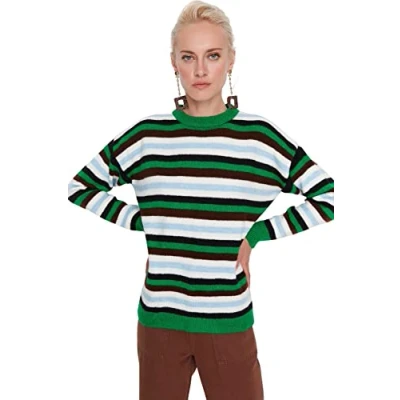 Abbildung von TRENDYOL Damen Pullover mit Rundhalsausschnitt, Gestreift, Oversize Sweatshirt, Smaragdgrün, S