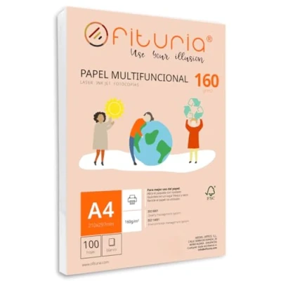 Abbildung von Packung mit 100 weißen DIN A4 Blättern, 160g Druckerpapier. Multifunktionales Kopierpapier für Schule und Büro. Ideal Laserdrucker, Tintenstrahldrucker oder Kopierer Ofituria