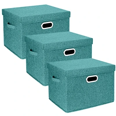 Abbildung von TYEERS Aufbewahrungsbox mit Deckel Groß, Stoff, Faltbare, Waschbare, Kisten Aufbewahrung Deckel, 44x30x29 cm, 3 Stück, Aqua Deep