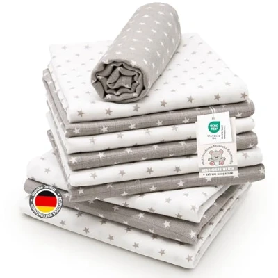 Abbildung von ZOLLNER 10er Set Musselin Spucktücher in 80x80 cm aus Baumwolle hautfreundliche Mulltücher mit süßen Sternen besonders weich und saugstark waschbar bis 60C grau weiß