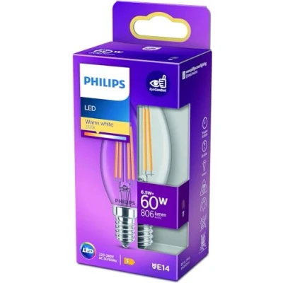 Abbildung von Philips LED Classic E14 Lampe, 60 W, Kerzenform, klar, warmweiß