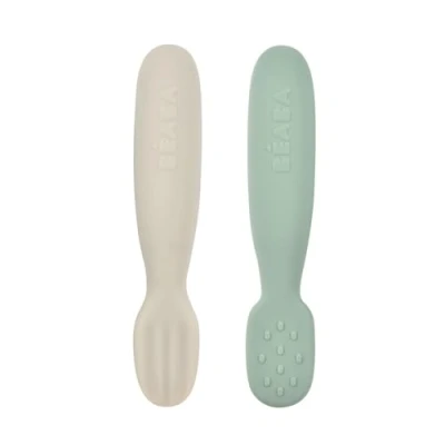 Abbildung von BÉABA, 2er Set Babylöffel 1. Lebensjahr, Silikon Pre Löffel, Babybesteck, ab 4 Monaten, Ergonomische Form, Verschiedene Texturen, Ergonomischer Griff, Sage green/Velvet grey