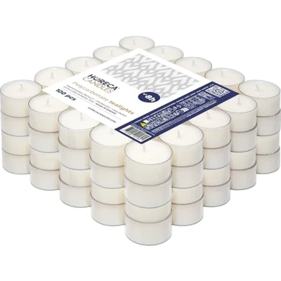 Abbildung von Horeca Candles Theelichter Transparente Hülle 8 Stunden Brenndauer Weiß 100 Stück Klar Teekerzen Ohne Duft Kerzen in Durchsichtigem Behälter