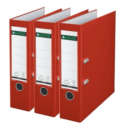 Abbildung von Leitz Qualitäts Ordner 180 Plastik, 3er Pack, das Original, A4 Aktenordner 8 cm breit, 90% Recycling Karton, 30% Pre Consumer Kunststoff, Mechanik, 600 Blatt Kapazität, Rot, 310335025