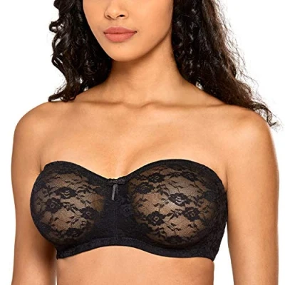 Abbildung von DOBREVA Damen Trägerloser BH mit Bügel Durchsichtig Spitze Dirndl Bandeau BHS Transparenten Trägern Schwarz 85C