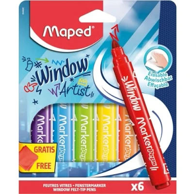 Abbildung von Maped Fenstermarker MARKER&#039;PEPS WINDOW rot, gelb, grün, blau, orange, lila inkl. Mikrofasertuch