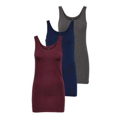 Abbildung von ONLY Damen Onllive Love Long Tank Top 3er Pack für Frauen, Dark Grey Melange/Pageant Blue/Port Royale, L