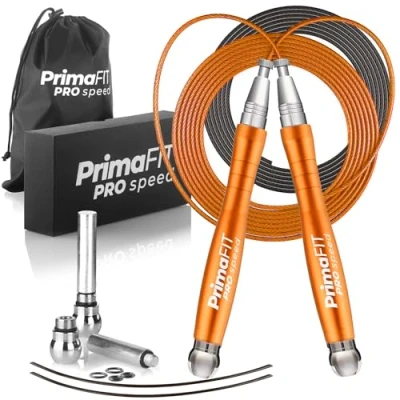 Abbildung von PrimaFIT Springseil Erwachsene Fitness Pro Speed Jump Rope 3m Seilspringen Verstellbar Mit Gewichten, 2 Kugellager &amp; Anti Rutsch Griffe, Profi Skipping Für Boxen, MMA, Crossfit, Extra Stahlseil,Tasche