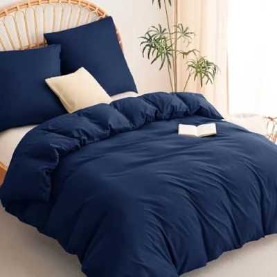 Abbildung von WAVVE Bettwäsche 200x200 3 teilig Dunkelblau Bettbezug 200 x Set mit Kissenbezüge 80x80 cm, Sets 2x2m aus Mikrofaser Reißverschluss Weich und Bügelfrei,