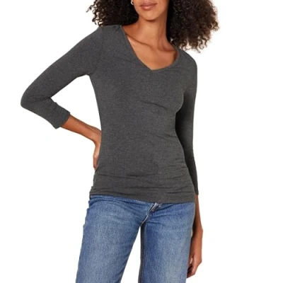 Abbildung von Amazon Essentials Damen T Shirt Mit V Ausschnitt Und 3/4 Ärmeln, Klassischer Schnitt (Erhältlich In Übergröße), Dunkelgrau Meliert, L