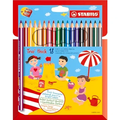 Abbildung von Dreikant Buntstift STABILO Trio dick 18er Pack mit 18 verschiedenen Farben und Spitzer