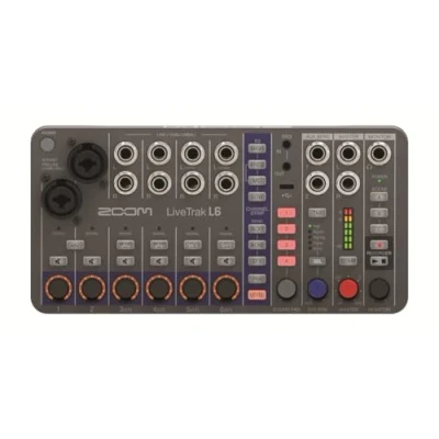 Abbildung von Zoom LiveTrak L 6 tragbares 10 Spur Digitalmischpult Mehrspur Recorder und Interface XLR TRS 32 bit Delay Echo Reverb Kompressor Live Streaming grau