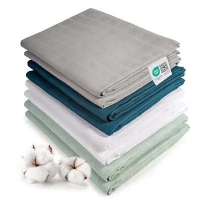 Abbildung von Makian 8 Stück Baby Mullwindeln 80x80 cm Set Spucktücher/Mulltücher doppelt gewebt, weich aus 100% Baumwolle, Oeko TEX® Standard 100 geprüft, maschinenwaschbar Mint Blau Weiß
