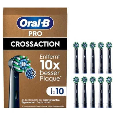 Abbildung von Oral B Pro CrossAction Aufsteckbürsten für elektrische Zahnbürste, 10 Stück, Zahnreinigung, X Borsten, Original Zahnbürstenaufsatz, briefkastenfähige Verpackung, Made in Germany, schwarz