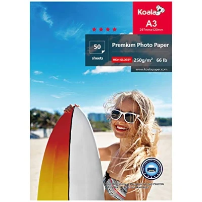 Abbildung von Koala Fotopapier für Canon HP Epson Tintenstrahldrucker, glänzend, A3, 297 x 420 mm, 250 g/m², 50 Blatt