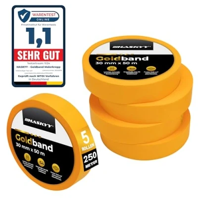 Abbildung von HASKYY Goldband Malerkrepp Kreppband 5x Malerband 30mm x 50m Profi Abdeckband Malertape Klebeband Washi Tape Gold Papiertape Selbstklebend