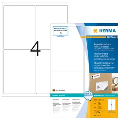 Abbildung von HERMA 10313 Universal Etiketten blickdicht ablösbar, 100 Blatt, 99,1 x 139 mm, 4 pro A4 Bogen, 400 Stück, selbstklebend, bedruckbar, matt, blanko Papier Klebeetiketten Aufkleber, weiß